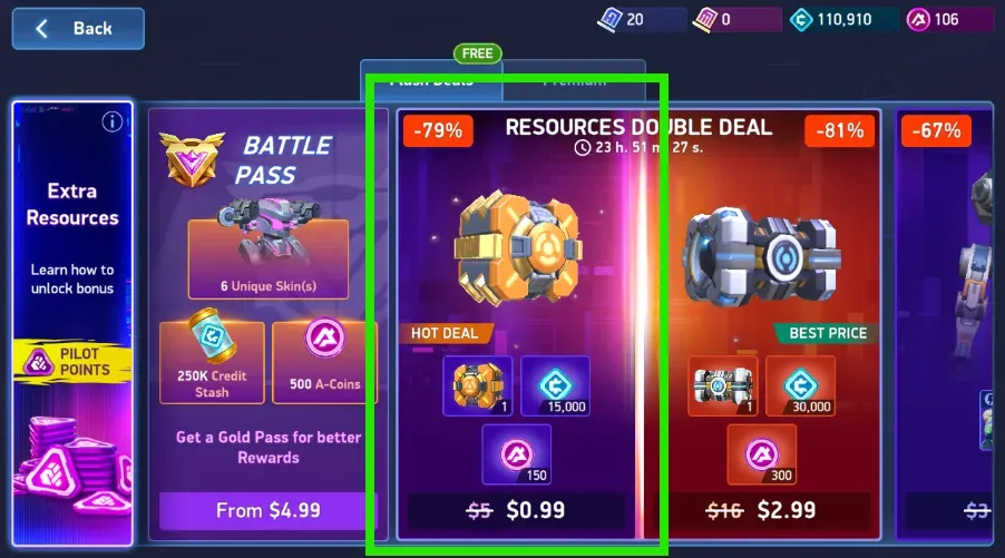 The highlighted $0.99 offer includes 150 A-Coins and 15,000 Credits. Prices and availability can change.