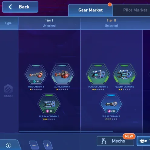 Check both the weapon and Mech tabs for Credit-priced items that add stars toward the next tier.