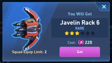 The purchase dialog shows Javelin Rack 6 at 220 A-Coins with a squad equip limit of two.
