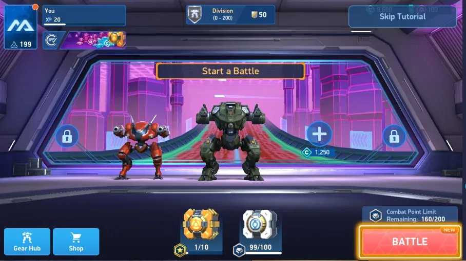 The Skip Tutorial button appears at the top right of the Hangar. In this run, it appeared after waiting about 30 seconds.