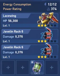 Two Javelin Rack 6 weapons use all 12 energy on the example Lacewing loadout before a Pilot is added.