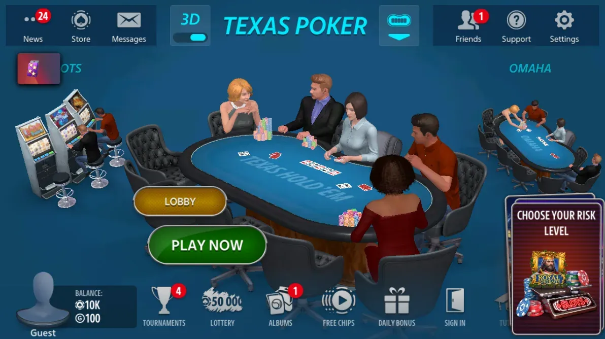 Pokerist home screen with Friends free chips and game selector