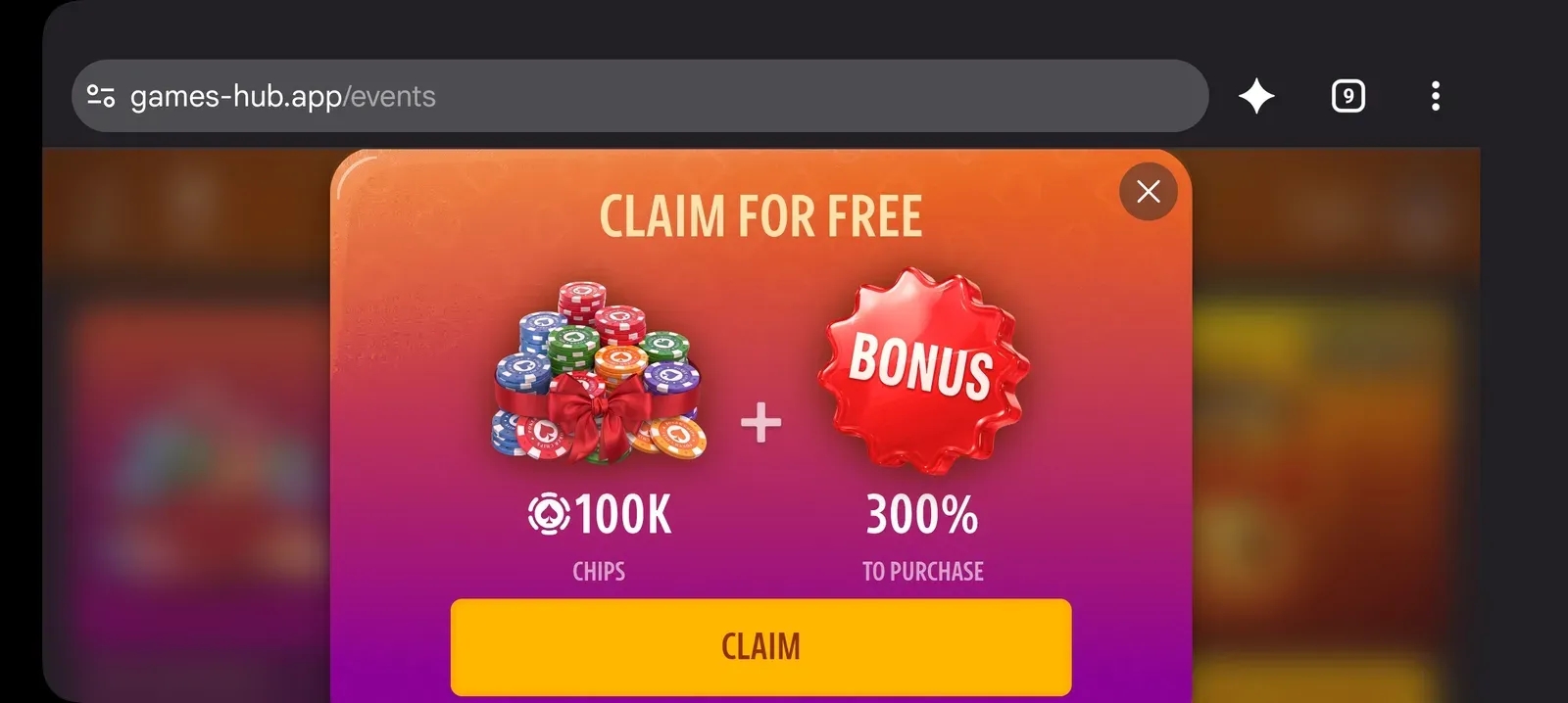 Games Hub event offering 100000 free chips and a 300 percent purchase bonus