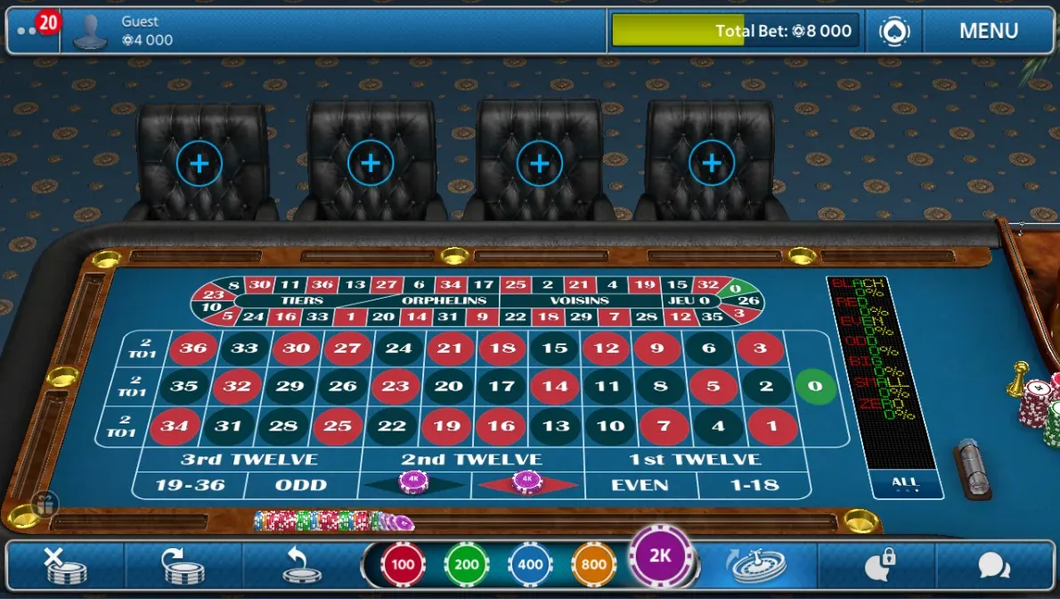 Pokerist roulette table with equal 4000 chip bets on red and black