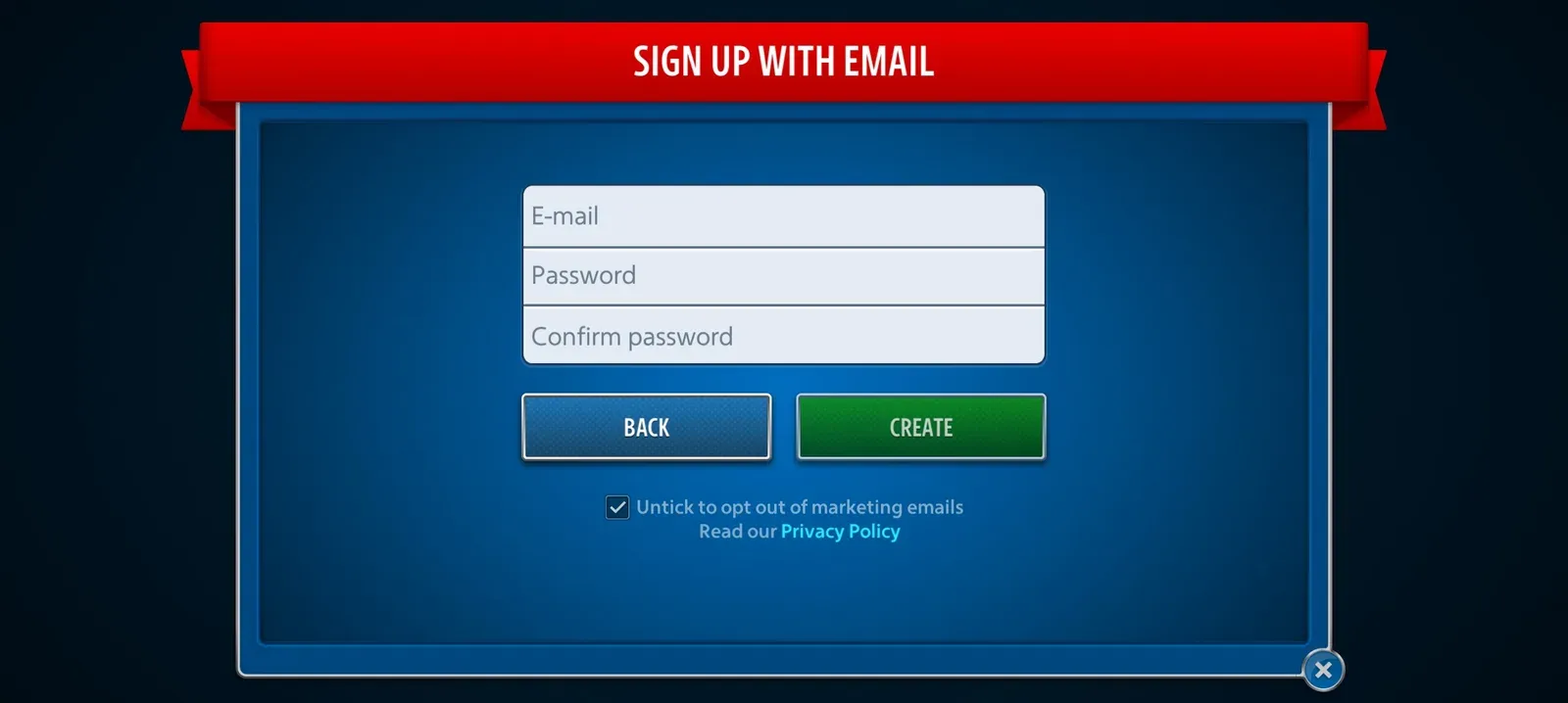 Blank Pokerist email signup form with email password and confirm password fields