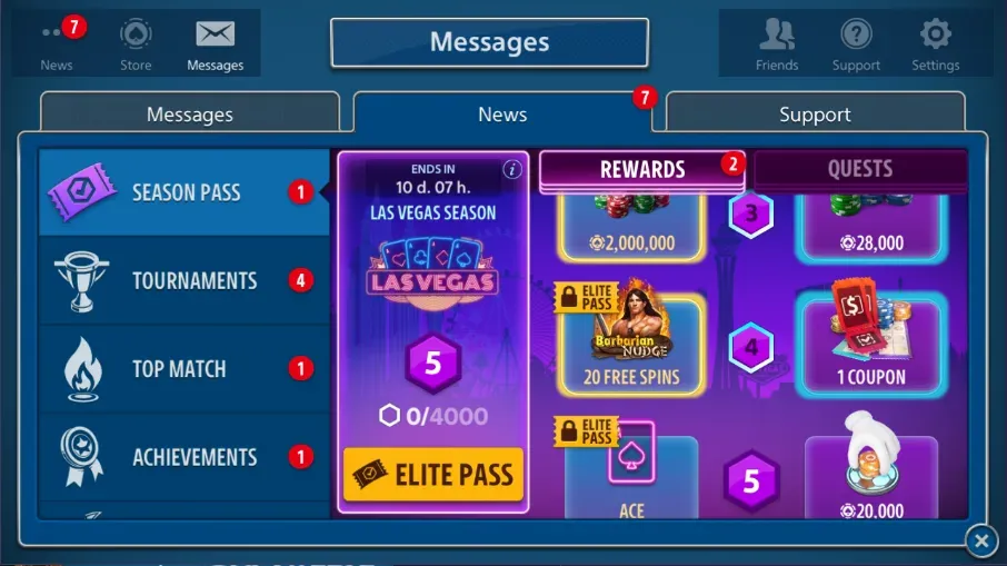 Pokerist Season Pass rewards showing a coupon at tier 4