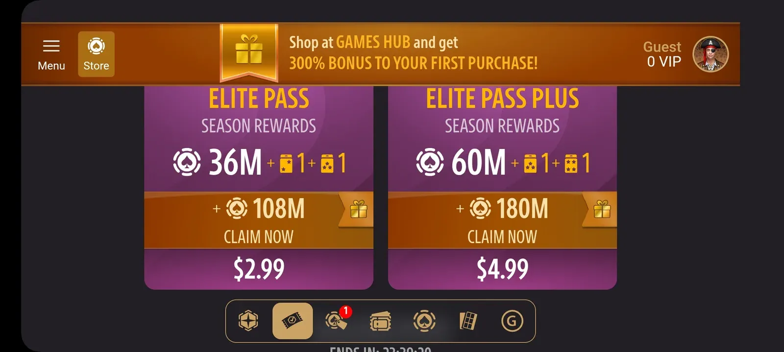Games Hub Elite Pass at 2.99 dollars with 108 million claim now chips and Elite Pass Plus at 4.99 dollars with 180 million