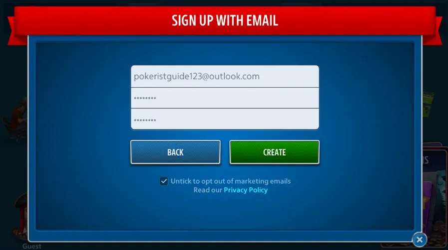 Pokerist completed email signup example with Create button