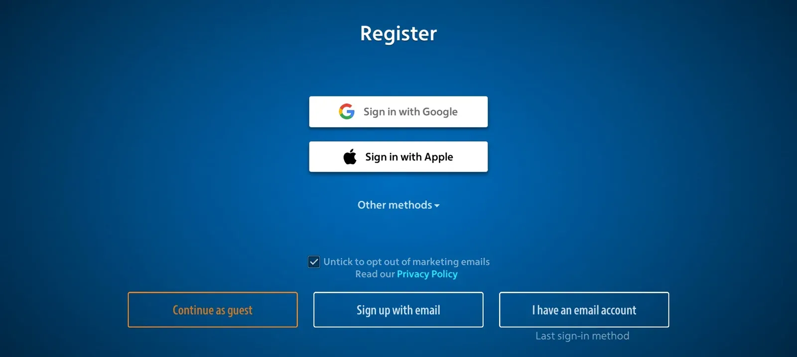 Pokerist registration screen with Google Apple guest and email signup options